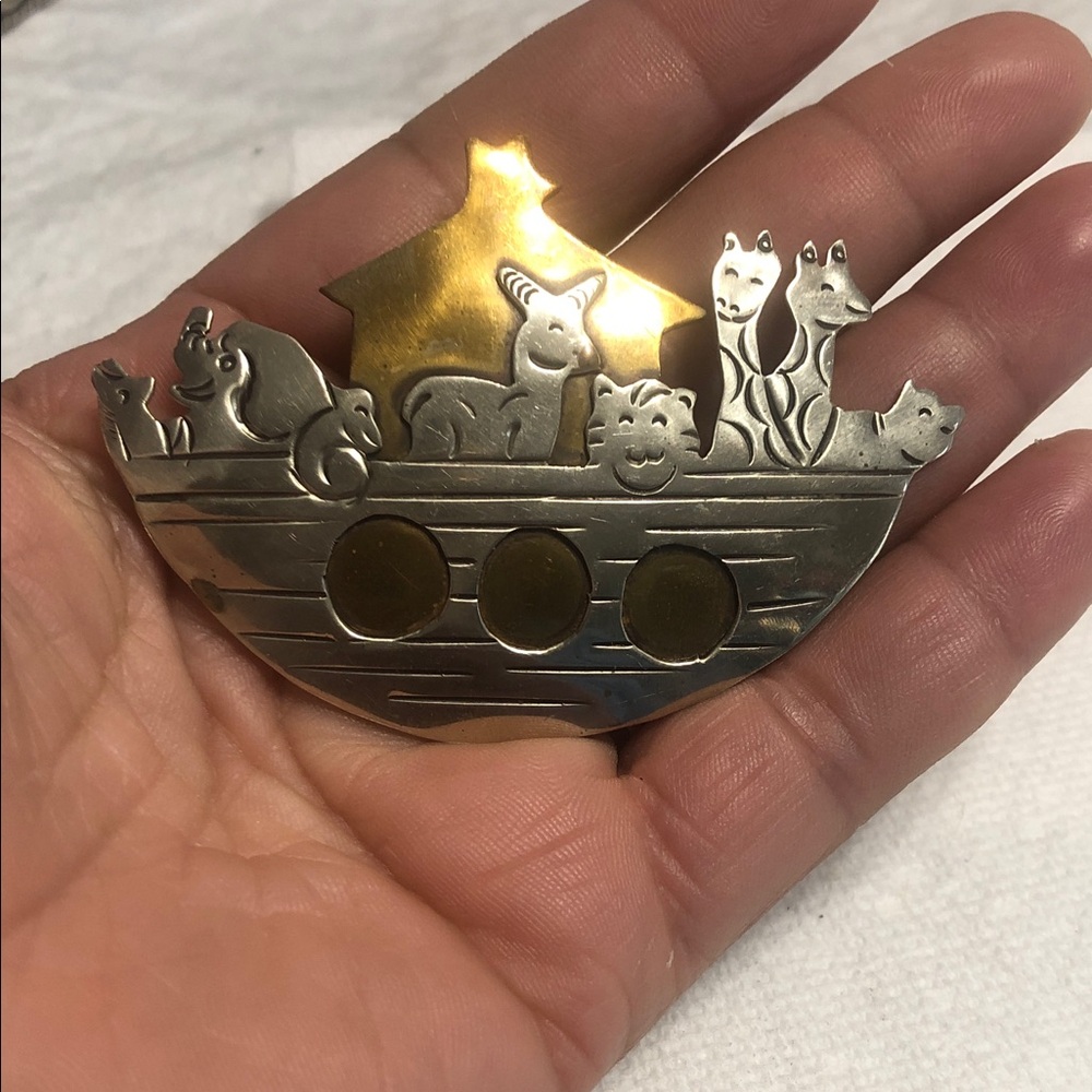 Noah's Ark Animal Pin Brooch in Silver & Gold Tones